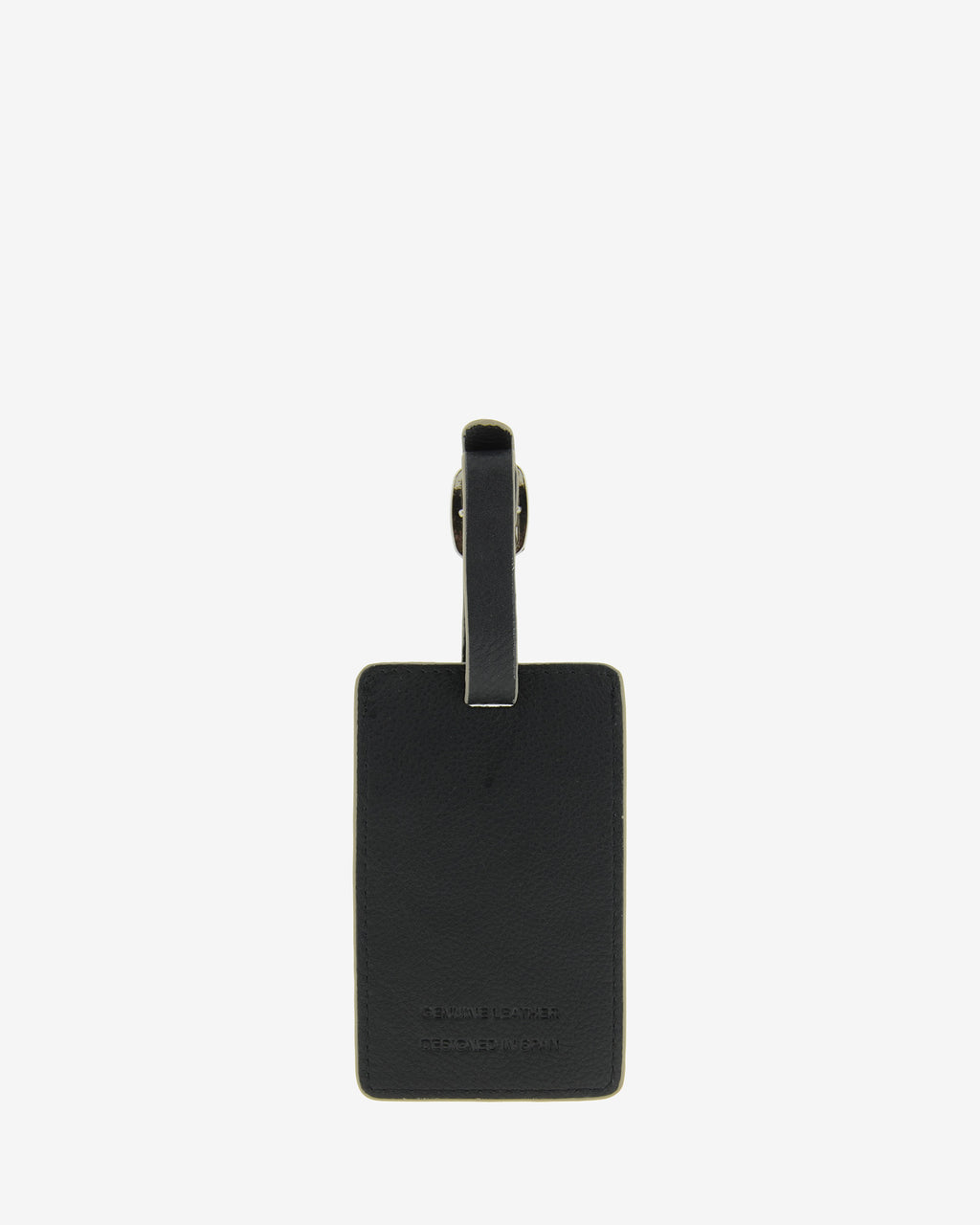 Tag identificador maleta con cierre de hebilla, ref. 8088-1, en piel de color negro y cantos en gris, vista trasera 
