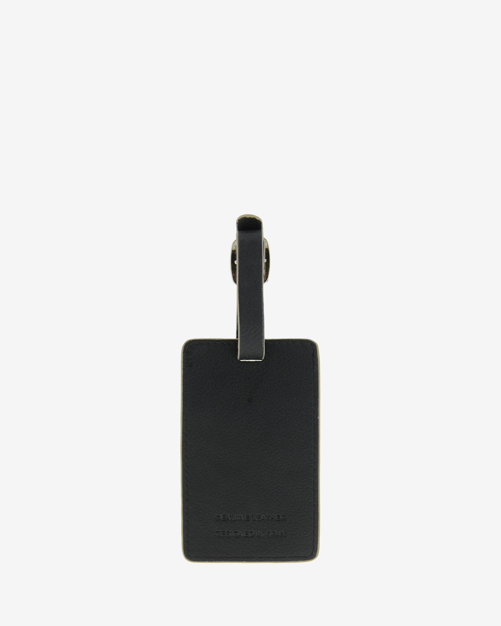 Tag identificador maleta con cierre de hebilla, ref. 8088-1, en piel de color negro y cantos en gris, vista trasera 