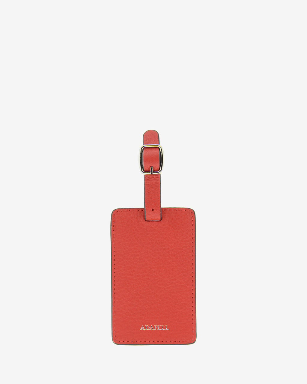 Tag identificador maleta con cierre de hebilla, ref. 8088-3, en piel de color rojo y cantos en negro, con logo Adapell, vista frontal
