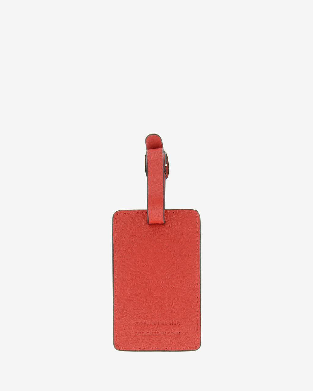 Tag identificador maleta con cierre de hebilla, ref. 8088-3, en piel de color rojo y cantos en negro, vista trasera