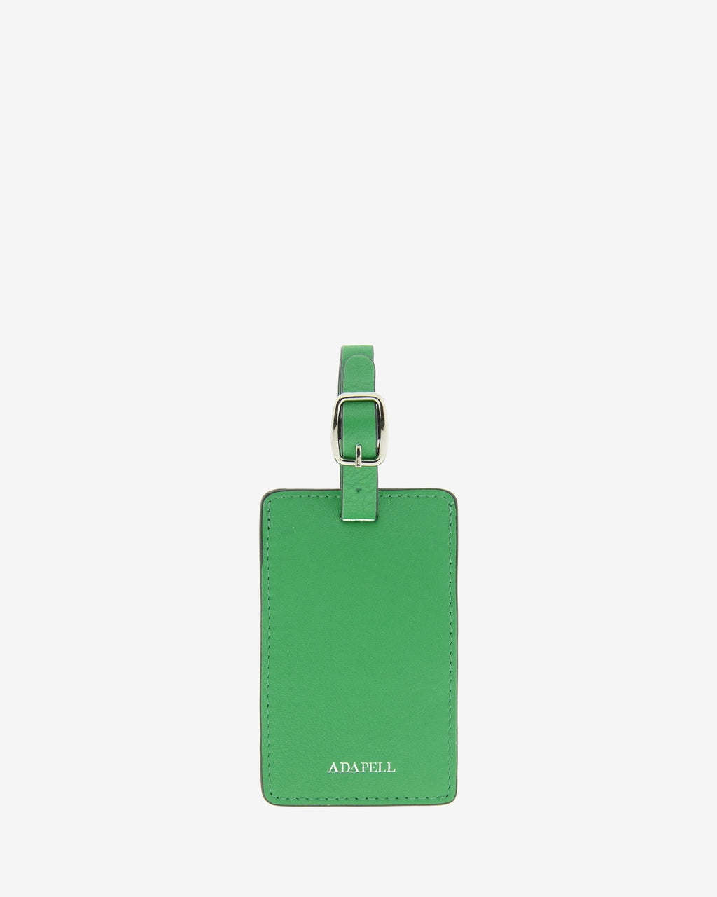 Tag identificador maleta con cierre de hebilla, ref. 8088-5, en piel de color verde y cantos en negro, con logo Adapell, vista frontal
