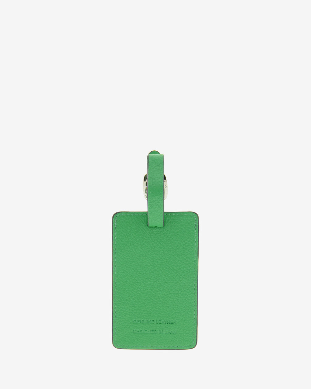 Tag identificador maleta con cierre de hebilla, ref. 8088-5, en piel de color verde y cantos en negro, vista trasera