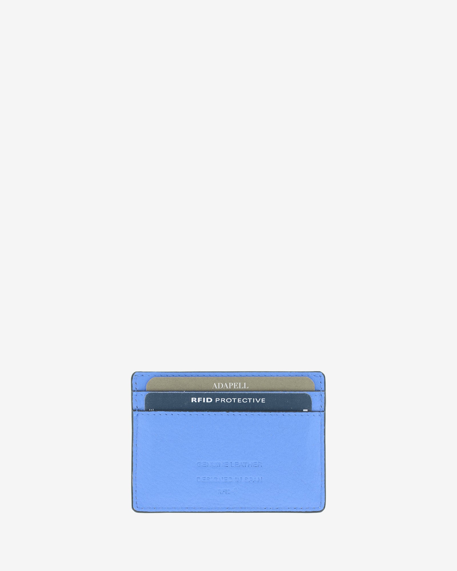 Tarjetero ultrafino en piel auténtica de color azul con bordes en negro, ref. 8083-14, con capacidad para 4 tarjetas y compartimento central para billetes o más tarjetas y con protección de tarjetas RFID, vista trasera