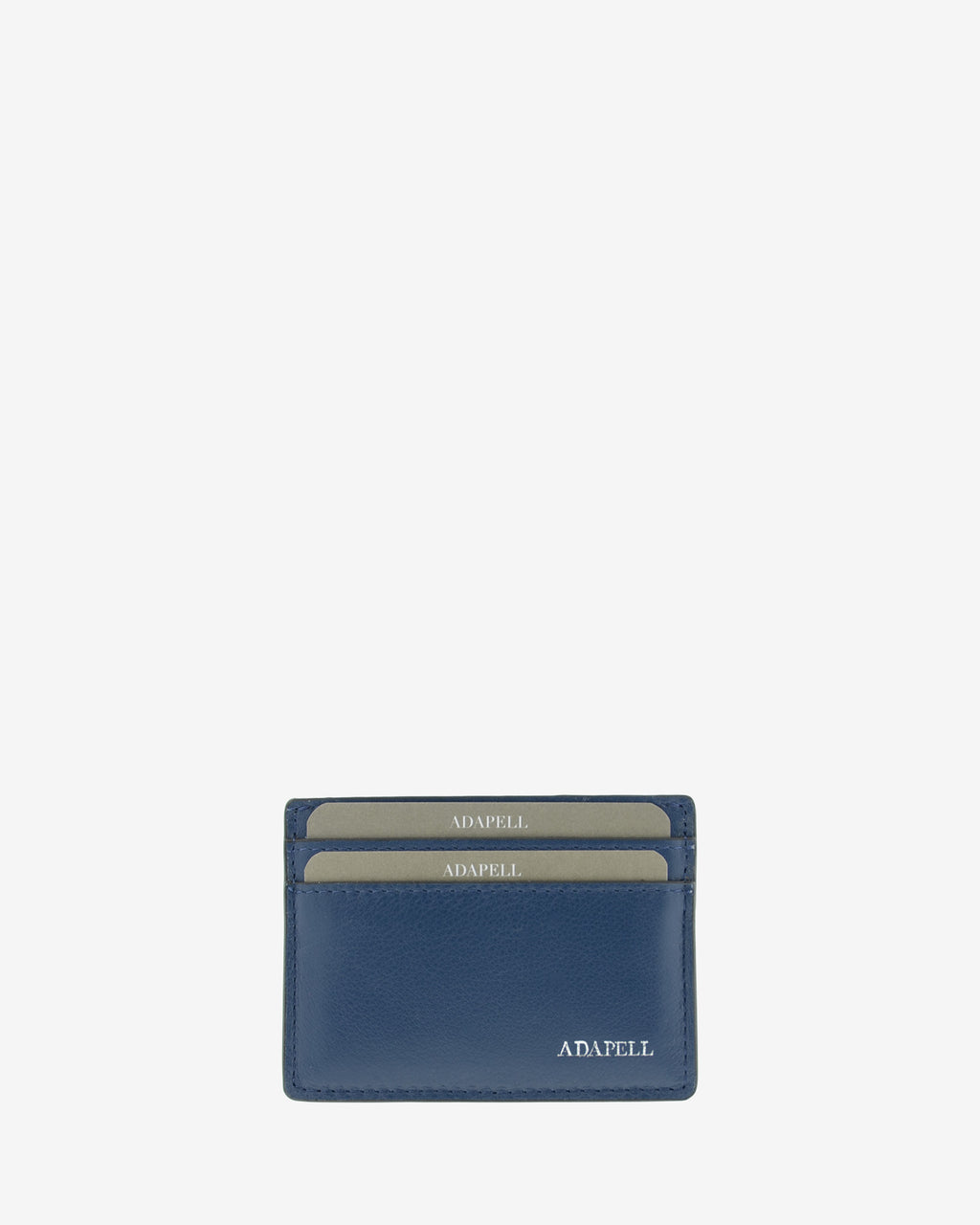 Tarjetero ultrafino en piel auténtica de color azul marino con bordes en negro, ref. 8083-20, con capacidad para 4 tarjetas y compartimento central para billetes o más tarjetas y con protección de tarjetas RFID, vista frontal