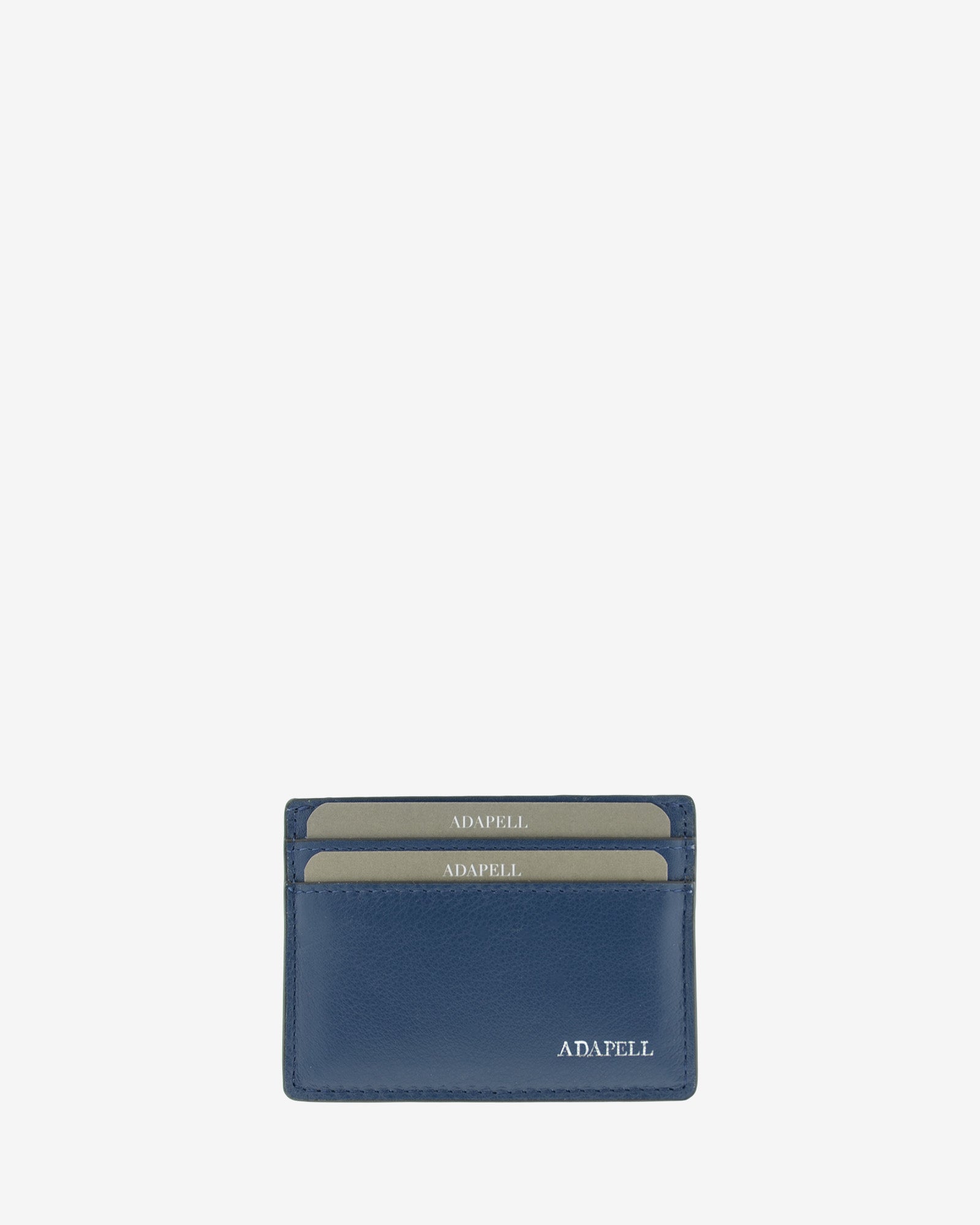 Tarjetero ultrafino en piel auténtica de color azul marino con bordes en negro, ref. 8083-20, con capacidad para 4 tarjetas y compartimento central para billetes o más tarjetas y con protección de tarjetas RFID, vista frontal