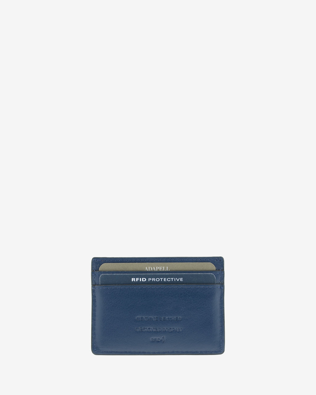 Tarjetero ultrafino en piel auténtica de color azul marino con bordes en negro, ref. 8083-20, con capacidad para 4 tarjetas y compartimento central para billetes o más tarjetas y con protección de tarjetas RFID, vista trasera