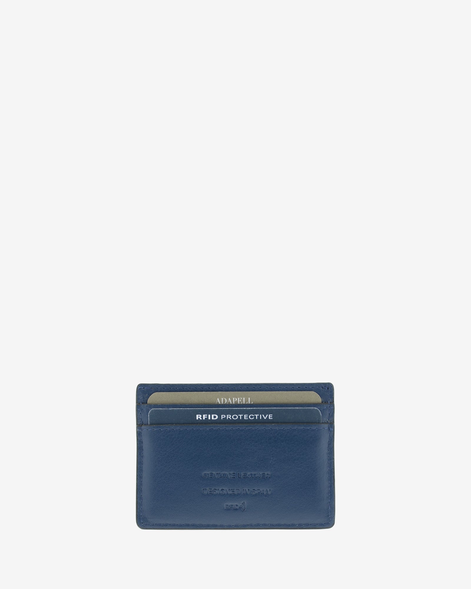 Tarjetero ultrafino en piel auténtica de color azul marino con bordes en negro, ref. 8083-20, con capacidad para 4 tarjetas y compartimento central para billetes o más tarjetas y con protección de tarjetas RFID, vista trasera