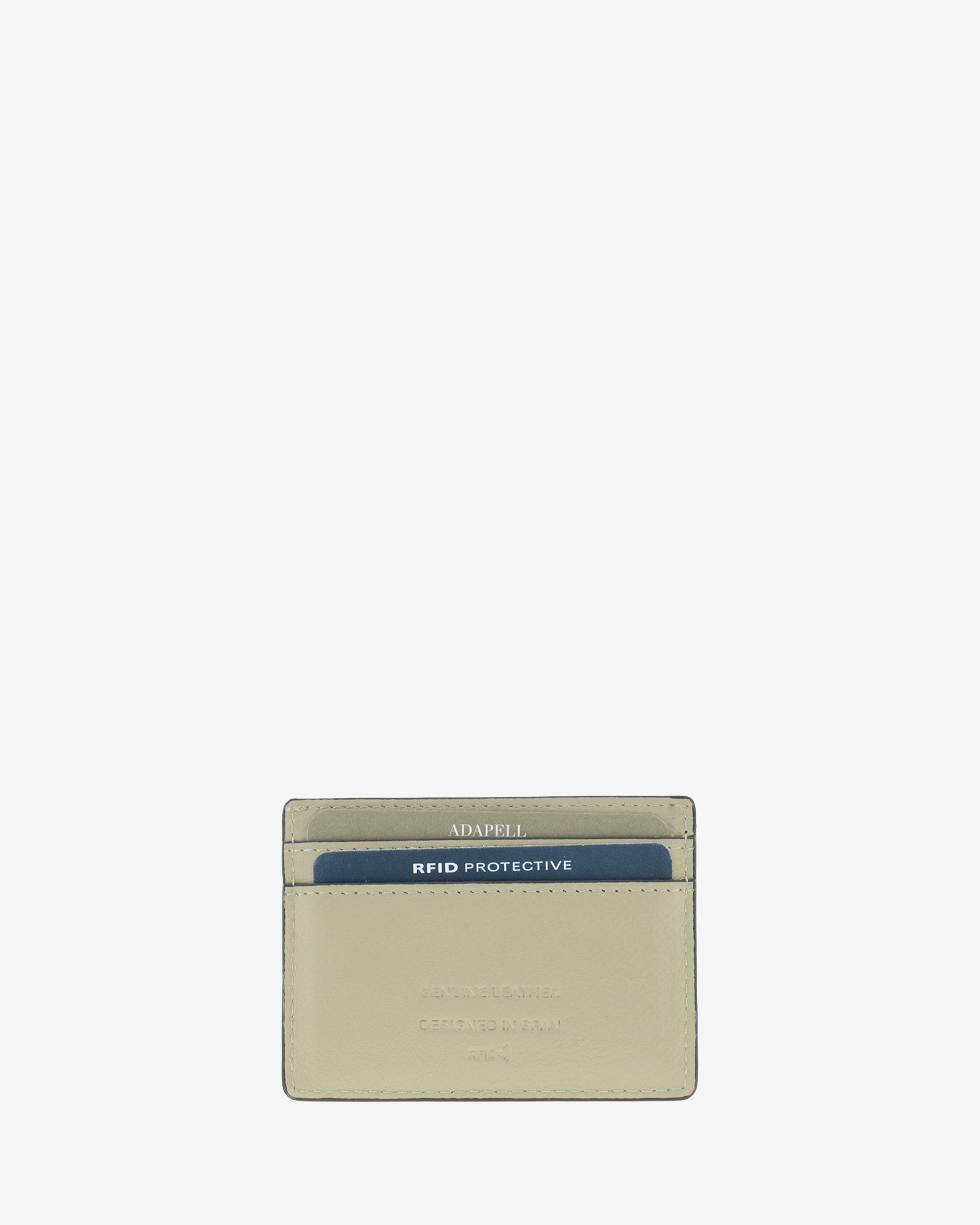 Tarjetero ultrafino en piel auténtica de color ice stone con bordes en negro, ref. 8083-12, con capacidad para 4 tarjetas y compartimento central para billetes o más tarjetas y con protección de tarjetas RFID, vista trasera