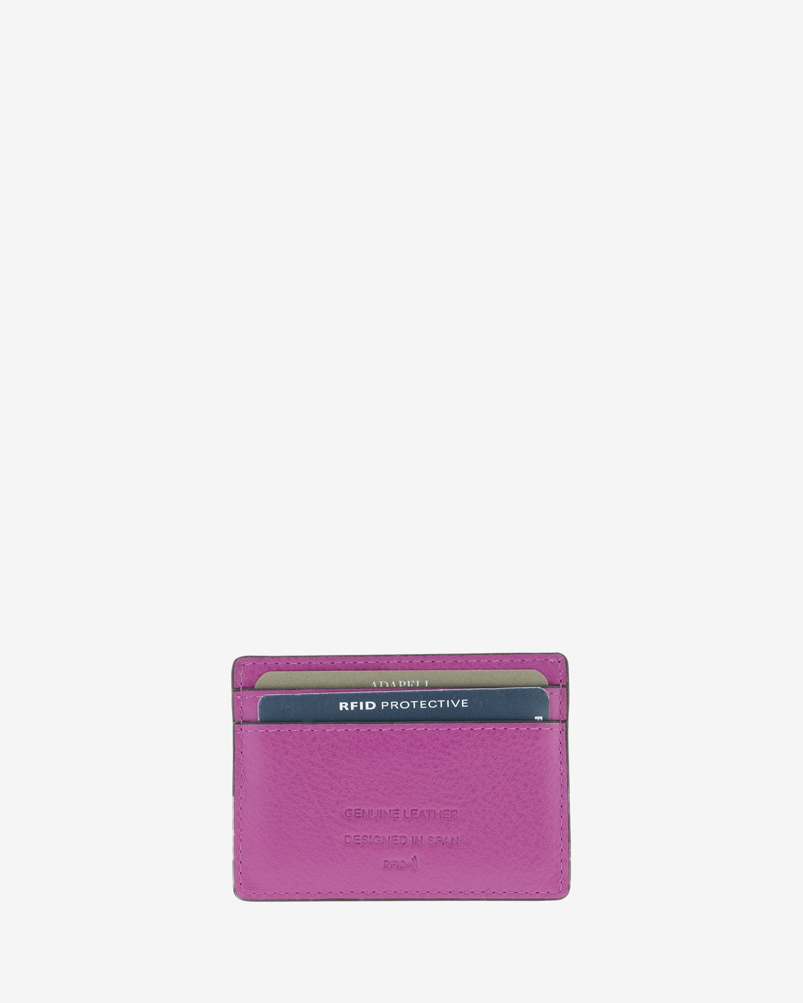 Tarjetero ultrafino en piel auténtica de color lila con bordes en negro, ref. 8083-4, con capacidad para 4 tarjetas y compartimento central para billetes o más tarjetas y con protección de tarjetas RFID, vista trasera