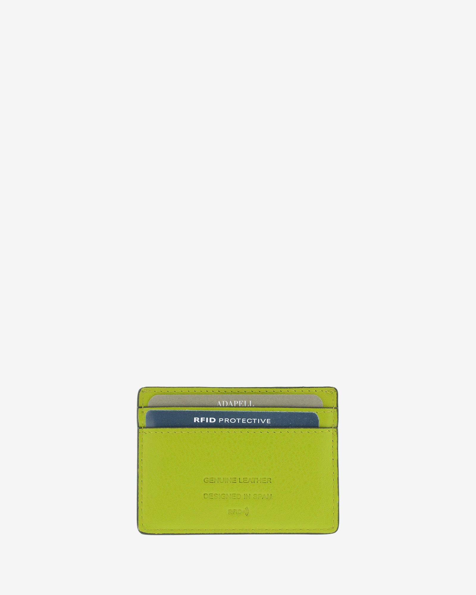 Tarjetero ultrafino en piel auténtica de color lima con bordes en negro, ref. 8083-17, con capacidad para 4 tarjetas y compartimento central para billetes o más tarjetas y con protección de tarjetas RFID, vista trasera