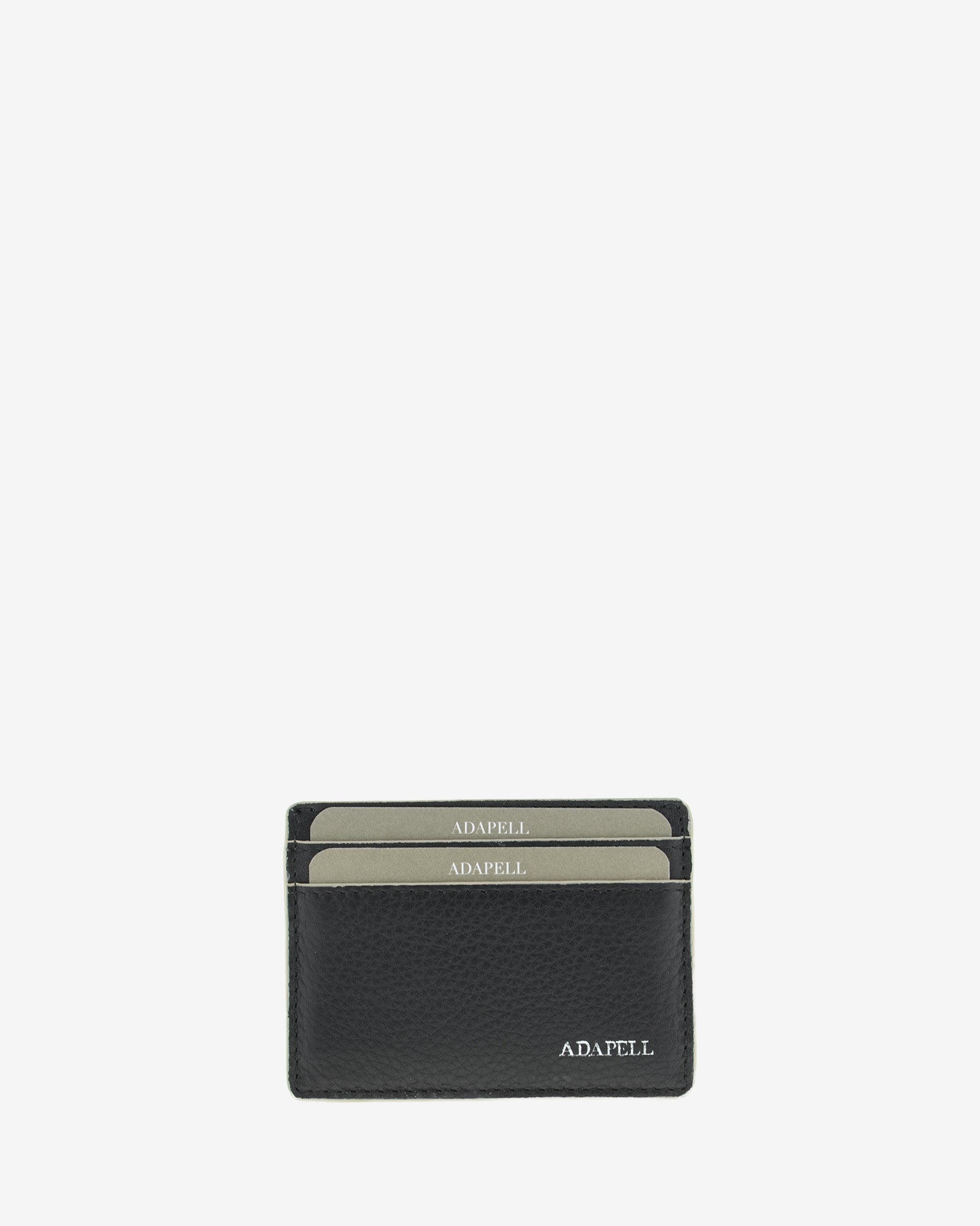 Tarjetero ultrafino en piel auténtica de color negro con ribetes en gris, ref. 8083-1, con capacidad para 4 tarjetas y compartimento central para billetes o más tarjetas y con protección de tarjetas RFID, vista frontal