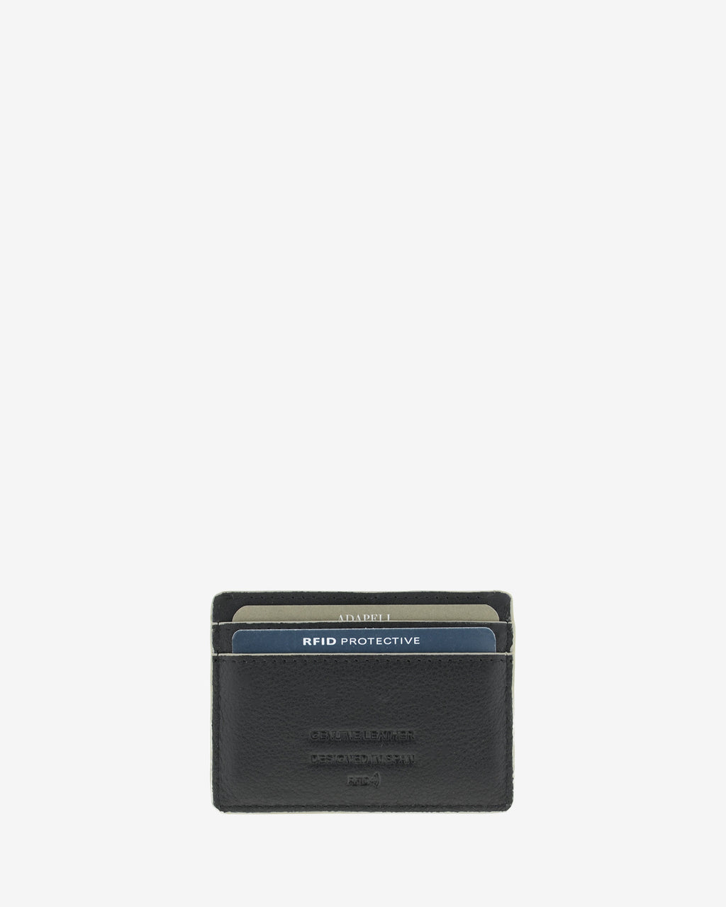 Tarjetero ultrafino en piel auténtica de color negro con ribetes en gris, ref. 8083-1, con capacidad para 4 tarjetas y compartimento central para billetes o más tarjetas y con protección de tarjetas RFID, vista trasera
