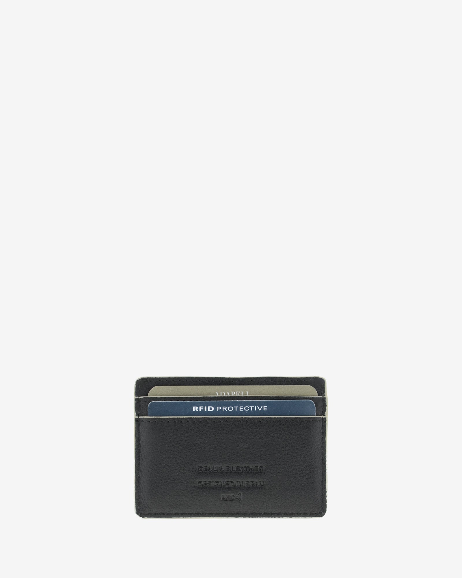 Tarjetero ultrafino en piel auténtica de color negro con ribetes en gris, ref. 8083-1, con capacidad para 4 tarjetas y compartimento central para billetes o más tarjetas y con protección de tarjetas RFID, vista trasera
